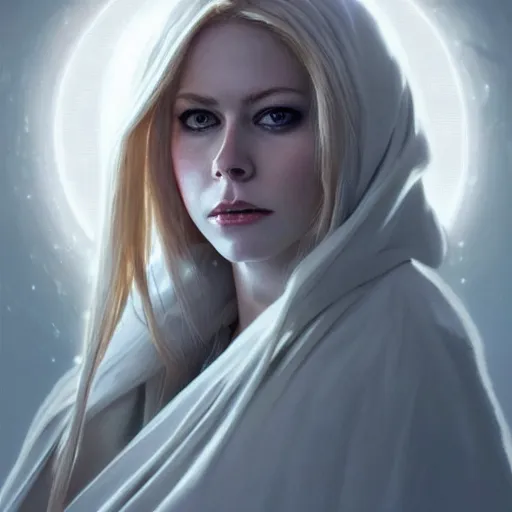 Prompt: perfectly - centered - portrait of avril lavigne wearing white cloak holding light saber, intricate, highly detailed, digital painting, artstation, concept art, smooth, sharp focus, illustration, unreal engine 5, 8 k, art by artgerm and greg rutkowski and alphonse mucha