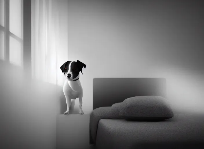 Image similar to photography of a Jack Russel . watching outside the window. on a bed .in a 3d rendered white room. octane render, 3d, foggy, volumetric light, volumetric fog, photorealistic, unreal engine 5, award winning photo, 100mm, sharp, cloth, high res