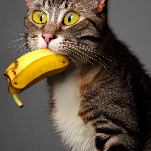 Prompt: a cat with banana on his head, professional photography