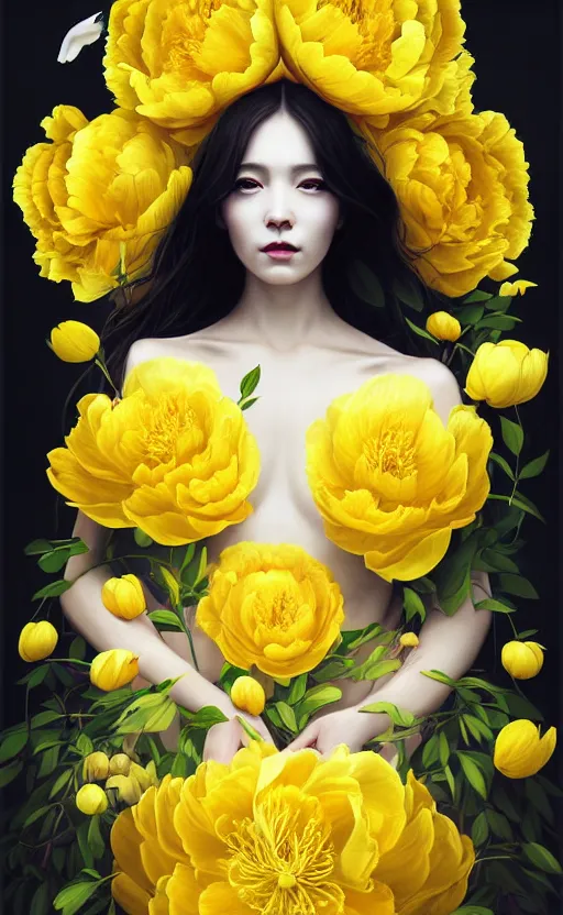 Image similar to beautiful yellow woman, symmetrical portrait, realistic, full body, black peonies, white snakes wrapped around the sky, rich details, by wlop