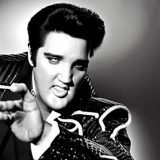 Image similar to elvis posing for a promotional still for his 1 9 8 8 comeback special part 2, 3 5 mm production still