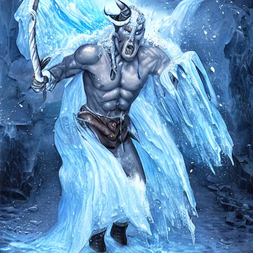 Image similar to a blue tiefling man frozen in ice and shattering into a million pieces, by Tony Sart, detailed, realistic, masterpiece, symmetrical