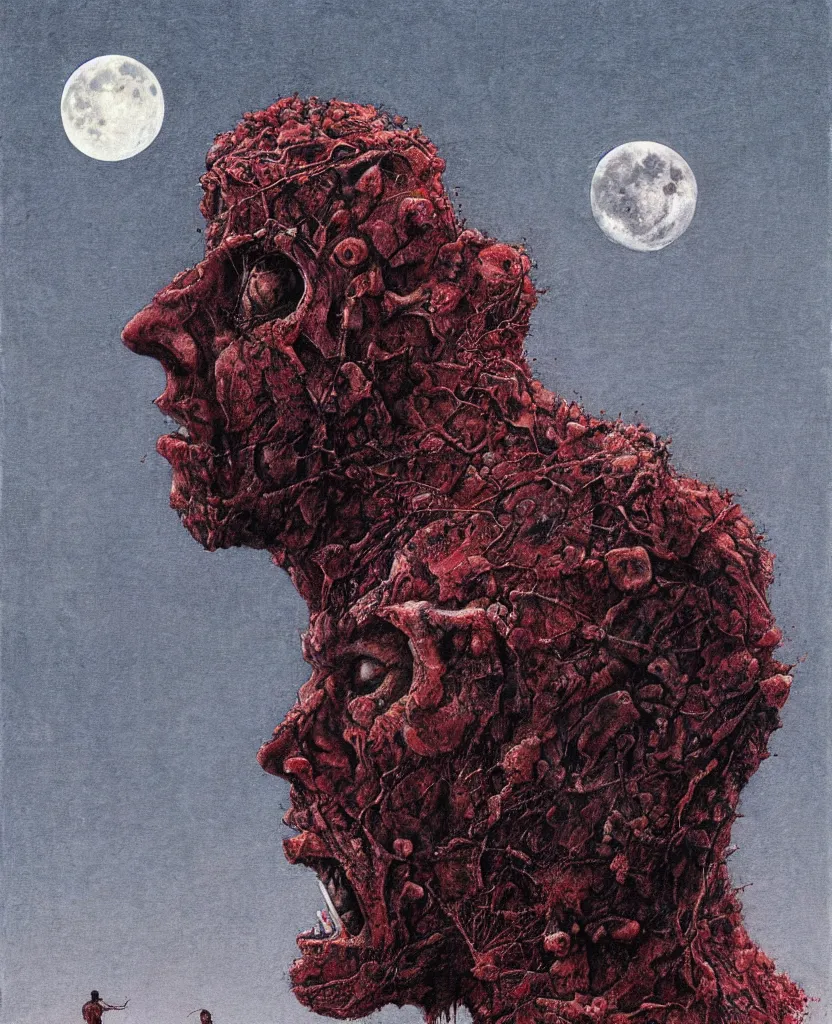 Prompt: moon made from thousands of rotten demonic bloody corpses of Nicolas Cage, body horror, flesh, blood, grotesque hell, highly detailed, red lightning, artstation, art by zdislav beksinski, wayne barlowe, phil hale