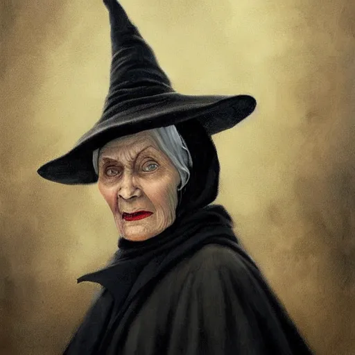 Prompt: granny weatherwax, an old lady, a witch, with a wise but piercing expression. she is dressed in a black witch hat. beautiful painting with highly detailed face by greg rutkowski and magali villanueve