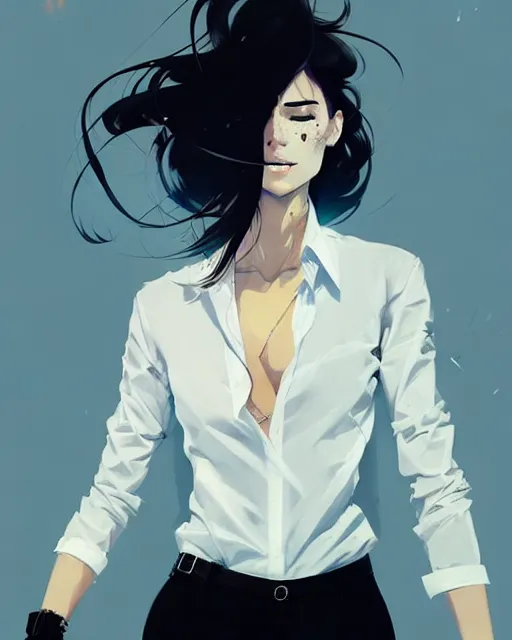 Image similar to a ultradetailed beautiful panting of a stylish woman, she is wearing a white shirt with a tie and black pants, by conrad roset, greg rutkowski and makoto shinkai trending on artstation