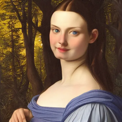 Image similar to full body portrait of a woman with blue eyes, gentle round face, with a bright smile, long dark hair, in a forest at night, highly detailed, deep focus, elegant, digital painting, smooth, sharp focus, golden ratio, illustration, ultra realistic, 8 k, art by artemisia lomi gentileschi and caravaggio