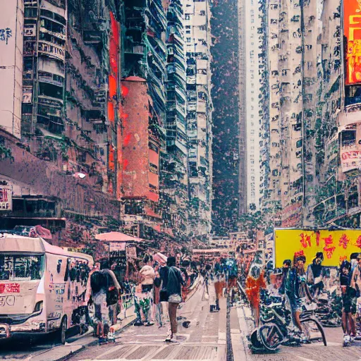 Image similar to a messy portrait of a busy hong kong street corner filled with pedestrians, in the style of carne griffiths