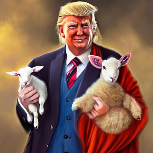 Prompt: a detailed fantasy character painting of Donald Trump holding a lamb, dressed like Jesus Christ, by lauri blank, artgerm, evelyn de morgan, 8K, 50mm lens