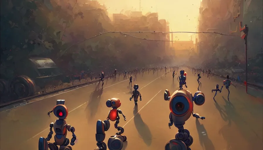 Image similar to running robots in a marathon, digital painting, illustration by pixar and artgerm and greg rutkowski and makoto shinkai, artstation