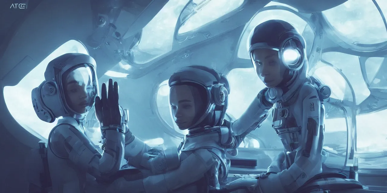 Image similar to Zoe Kravitz with short hair as a futuristic astronaut, outside large window of ship, helmet with HUD led lights, underwater in the ocean at night, dark water, volumetric lighting, glowing lights, 4k, octane, digital painting, artstation, concept art, sharp focus, illustration, high contrast, high saturation , cinematic film still, art by artgerm and greg rutkowski and alphonse mucha , wide angle view,