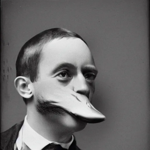 Image similar to a high detail photo of a man with a duck's head wearing a suit, photorealism