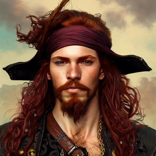 Image similar to portrait of a young rugged pirate, male, handsome, masculine, full body, red hair, long hair, d & d, fantasy, intricate, elegant, highly detailed, steampunk, airship, digital painting, artstation, concept art, matte, sharp focus, illustration, art by artgerm and greg rutkowski and alphonse mucha