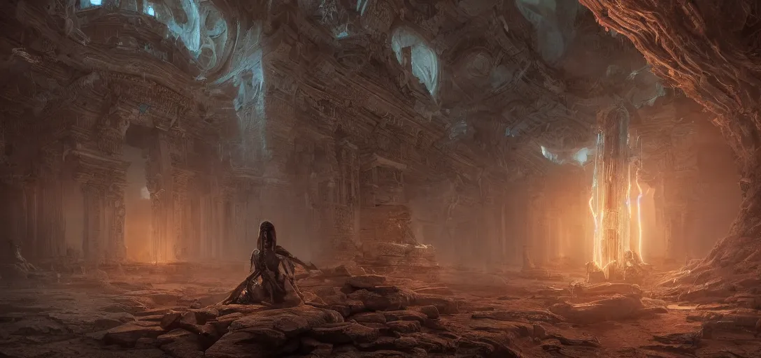 Image similar to hyperrealistic beautiful cinematic cyborg, insanely detailed ancient alien temple, blue lightning, stunning 3 d render inspired by istvan sandorfi & greg rutkowski, perfect symmetry, dim volumetric cinematic lighting, 8 k octane comprehensive render, extremely mega hyper - detailed and lifelike attributes & atmosphere, intricate, realistic flesh texture, masterpiece, artstation, stunning,