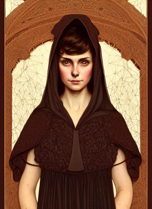 Prompt: symmetry portrait of welsh brunette student in mans tunic, tomboy, short hair, intricate forest background, intricate, elegant, highly detailed, digital painting, artstation, concept art, smooth, sharp focus, illustration, art by artgerm and greg rutkowski and fra angelico and alphons mucha