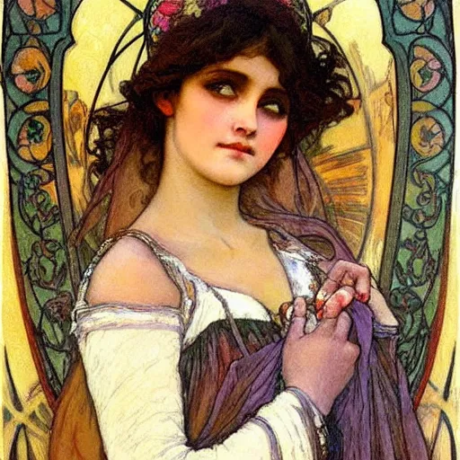 Prompt: gypsy girl, dark hair, art nouveau, adolphe mucha, delicate