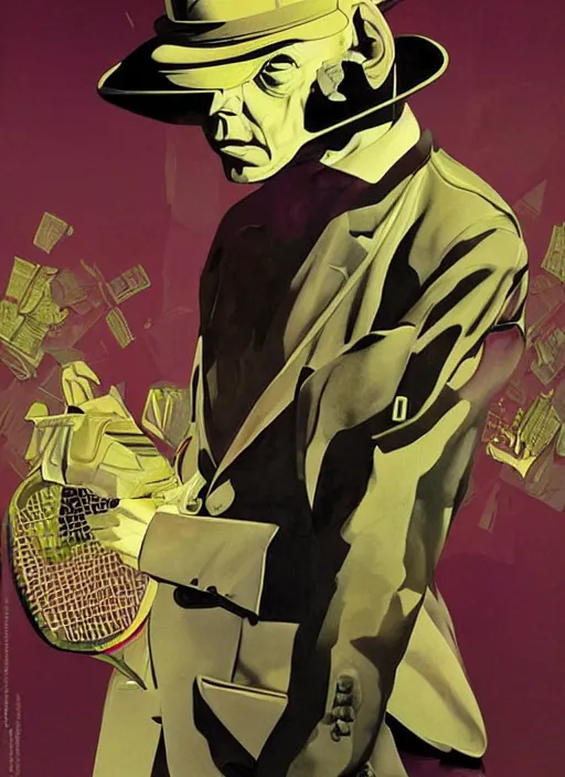 Image similar to poster artwork by Michael Whelan and Tomer Hanuka, Karol Bak Major Buster Keaton, from scene of a tennis ball monster , clean