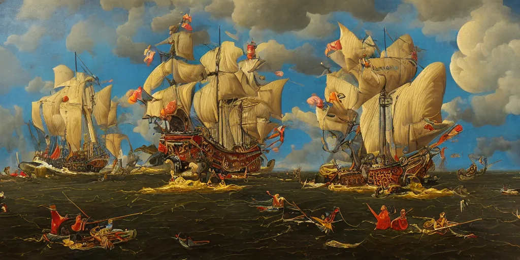 Prompt: refined dutch golden age oil painting pop surreal masterpiece in the style of robert williams,