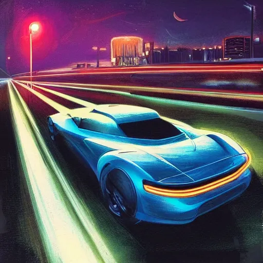 Image similar to a beautiful artwork of a car on a highway at night, neon vibes, by Jerome Opeña, featured on artstation