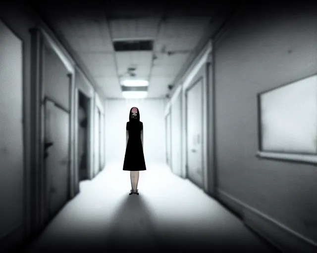 Image similar to creepy woman wearing white dress standing in the backrooms, playable trailer, psychological horror, the eerie forlorn atmosphere of a place that's usually bustling with people but is now abandoned and quiet, buzzing fluorescent lights above the ceiling, unsettling images, liminal space, dark