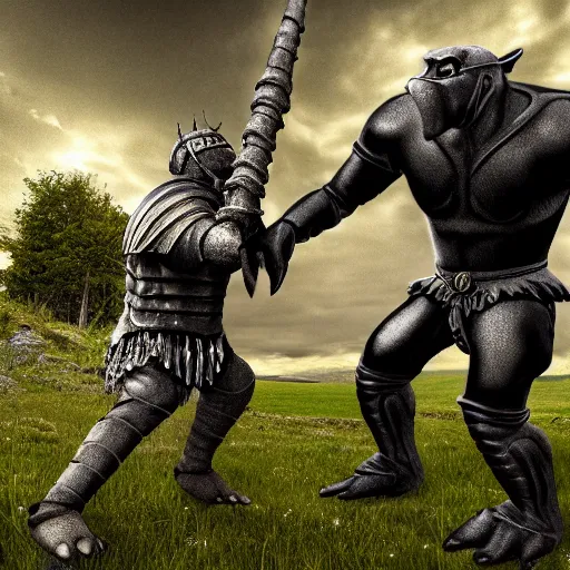 Image similar to knight in black armor fighting a tall troll, realistic, photo, fine detail, 8 k, hdr