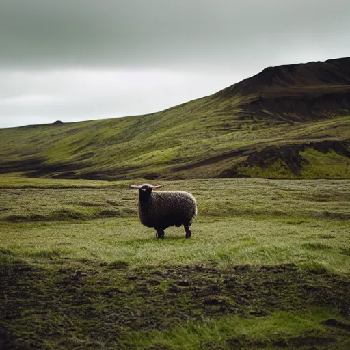 Prompt: portrait photo of a sheep wearing a sweater, iceland, grey sky, green hills, taken by Nikon, movie still,