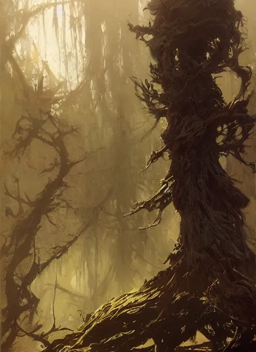 Image similar to giant dead tree, intricate, elegant, highly detailed, vivid colors, john park, frazetta, sparth, ruan jia, jeffrey catherine jones