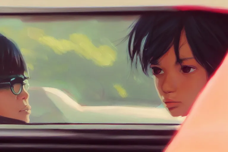 Prompt: A ultra detailed beautiful portrait panting of a stylish pepe sitting in the backseat of a car, Oil painting, by Ilya Kuvshinov, Greg Rutkowski and Makoto Shinkai