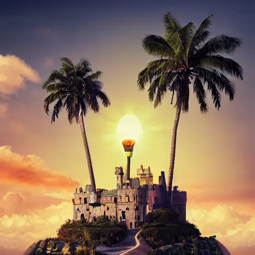 Prompt: a castle surrounded by giant palm trees on a giant floating island in the sky, giant light realistic light bulb glowing in the sky, cinematic, digital art by erik johansson, 8 k resolution, hyper detailed, sharp focus