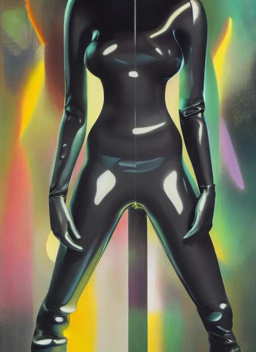 Image similar to futuristic lasers tracing, colorsmoke, leather fullbodysuit, pyramid hoodvisor, raindrops, wet, oiled, beautiful cyborg girl, by steven meisel, kaws, rolf armstrong, mondrian, kandinsky, perfect geometry abstract acrylic, octane hyperrealism photorealistic airbrush collage painting, dark monochrome, fluorescent colors, minimalist rule of thirds, eighties eros