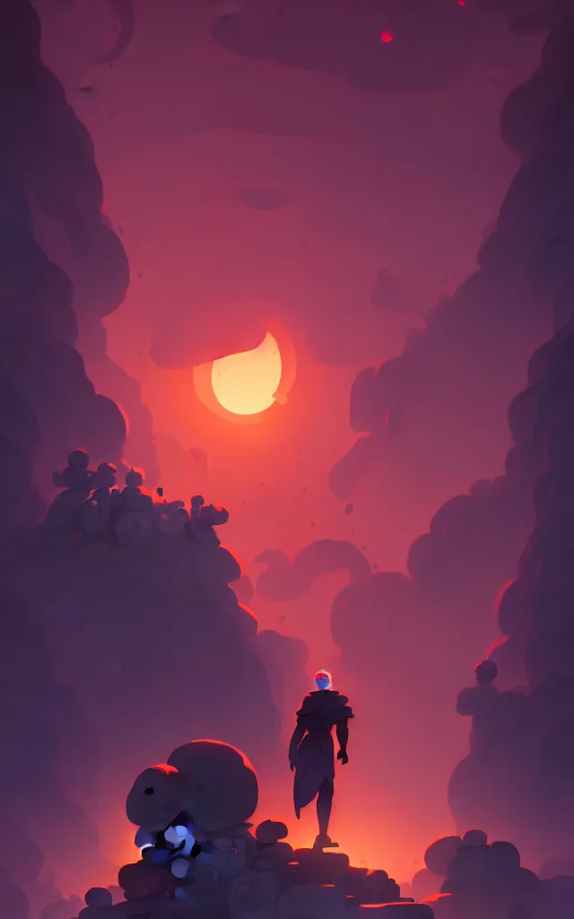 Prompt: Old wise Monk leading a Lost Soul through a vast dark world with Broken Stone Statues, in the Style of Atey Ghailan and Mike Mignola and Artgerm, vibrant colors, hard shadows, trending on artstation