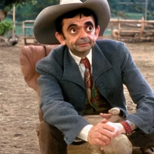 Image similar to an film still of Mr bean, cowboy movie