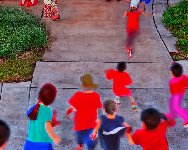 Image similar to Hispanic Granny In A Red MuMu Throwing A Slide Sandal At A Bunch Of Kids Running Away From Her, Detailed, Anime Style, Manga Style, 8K, HDR, San Antonio Texas Cityscape Sunset, HDR, volumetric lighting, Birds Eye View, Hyperrealistic-H 960