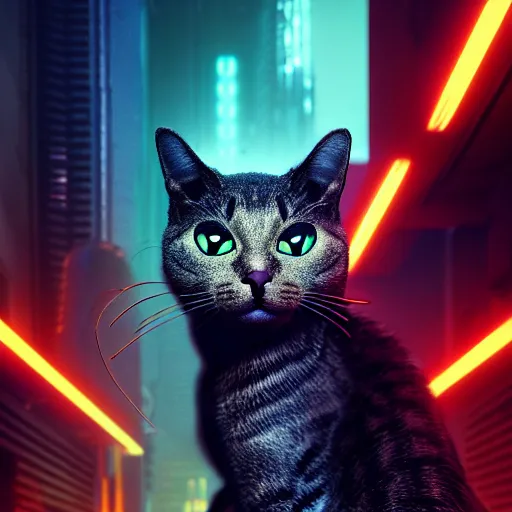 Image similar to professional photo of cyborg cat, cyberpunk background, blade runner, hyperrealistic masterpiece, trending on artstation, cgsociety, kodakchrome, golden ratio, cinematic, composition, beautiful lighting, hyper detailed, sharp focus, octane render, 4 k, unreal engine