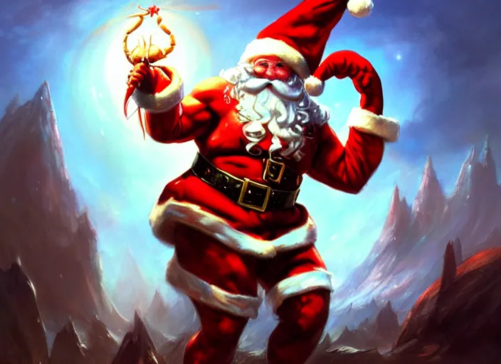 Image similar to magic : the gathering fantasy character concept art of the great anthropomorphic lobster wearing santa outfit by franz frazetta, high resolution. a clear portrait of powerful lobster santa, magical christmas fantasy in background, fantasy coloring, intricate, digital painting, artstation, smooth, sharp focus