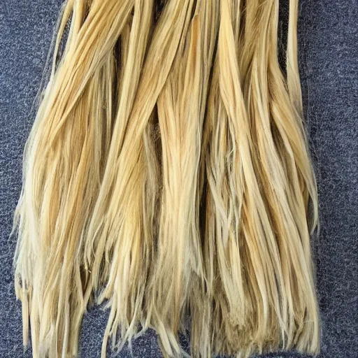 Prompt: a mop of blonde hair standing on 8 skinny black legs