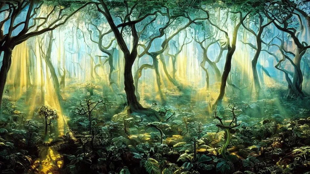 Image similar to A Salvador Dali oil painting of a hauntingly beautiful elven forest in the morning; rays of light coming through the canopy; trending on artstation; extraordinary masterpiece!!!!!!; 8k