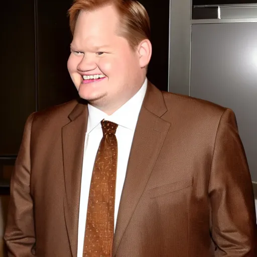 Image similar to Andy Richter is wearing a chocolate brown suit and necktie. Andy is standing inside a bathtub under a running shower. The suit and necktie are soaking wet.