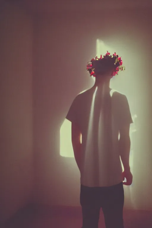 Image similar to agfa vista 4 0 0 photograph of a guy standing in a cluttered 9 0 s bedroom, flower crown, back view, lens flare, moody lighting, moody vibe, telephoto, 9 0 s vibe, blurry background, grain, tranquil, calm, faded!,