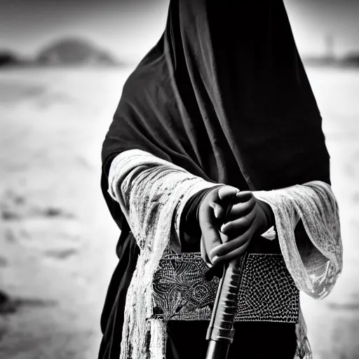 Prompt: 8 k uhd black and white portrait from burqa woman carrying a riffle's, uhd details, national geography winning photo contest