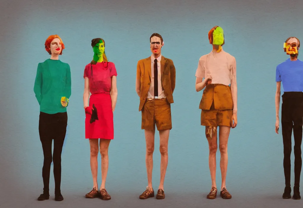Prompt: full body portrait of a trio of european tourists, character designs painting, in the style of wes anderson, rene magritte, lola dupre, david hockney, isolated on white background, dark monochrome neon spraypaint accents volumetric octane render