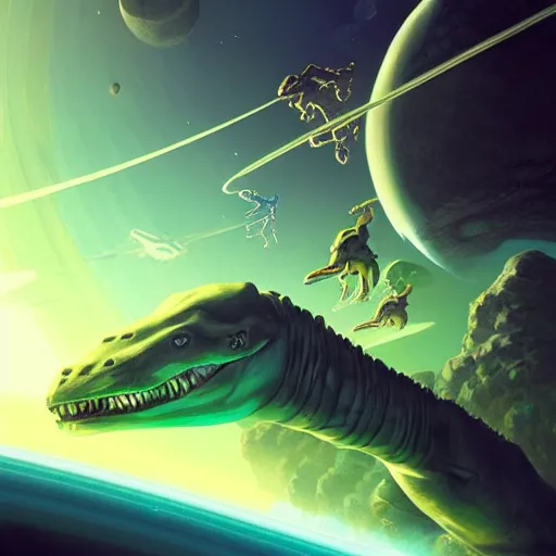 Image similar to Astronauts and green aliens are riding some dinosaurs on saturn's ring and saturn is as background, by Jordan Grimmer digital art, trending on Artstation,