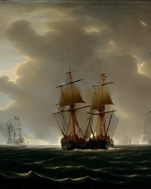Prompt: an extremely detailed masterpiece of the sailing vessel bonhomme richard with canons discharging in early evening, in the style of louis phillipe crepin, epic scene, extremely moody lighting, glowing light and shadow, atmospheric, shadowy, cinematic, 4 k