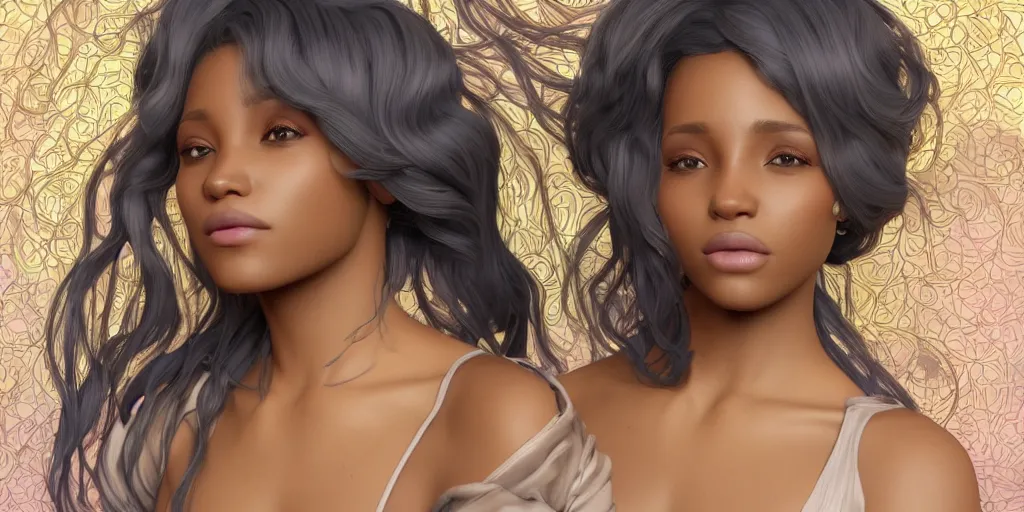 Image similar to beautiful black woman with gorgeous pastel balayage hairstyle, as seen on artgerm, octane render, in the style of alphonse mucha, ultra realistic, highly detailed, 8 k