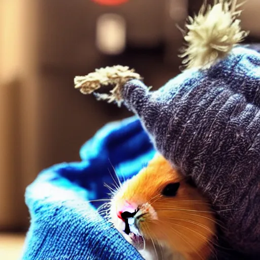 Prompt: hamster wearing a beanie smoking a bong