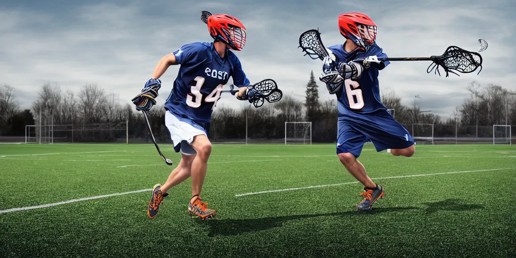 Image similar to lacrosse player, soccer field, cascade helmet, realistic photo, running, very detailed, 8 k, high resolution, no grain, symmetry, normal proportions, sports illustrated style, cascade xrs custom lacrosse helmet, brine lacrosse stick, brine lacrosse king v gloves, nike alpha huarache 7 elite, stx surgeon 7 0 0 lacrosse arm guards, arriflex 3 5 ii