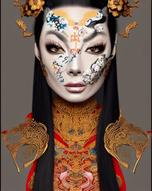 Prompt: portrait of isabelledeltore, machine face, upper half portrait, decorated with chinese opera motifs, asian, fine china, traditional chinese art, intricate, elegant, highly detailed, symmetry, headpiece, digital painting, artstation, concept art, smooth, sharp focus, illustration, art by artgerm and greg rutkowski and alphonse mucha, 8 k