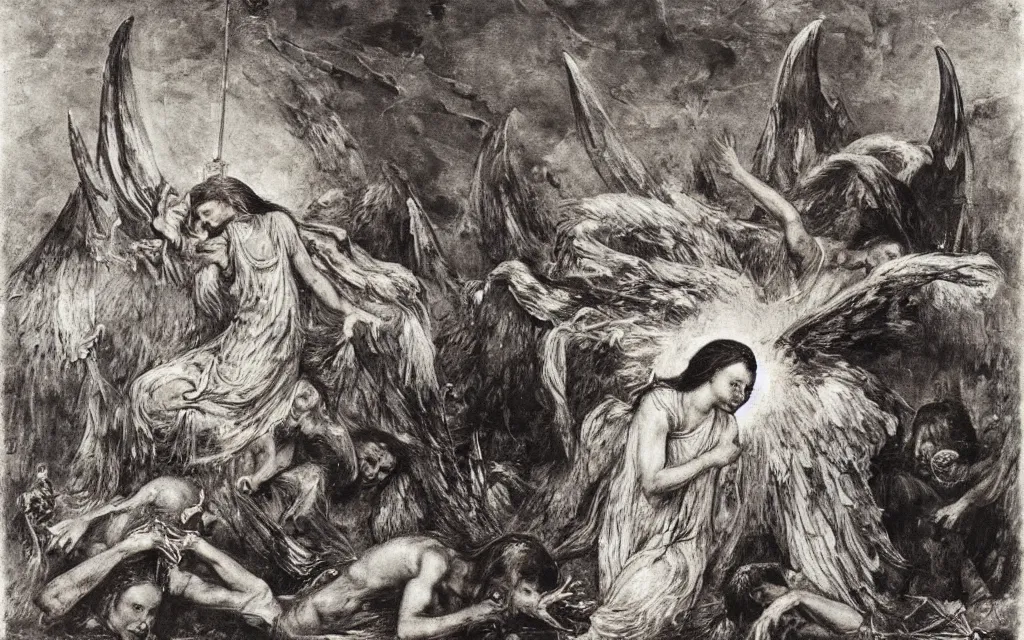 Image similar to vision of angels with a broken shield, trying to fix it by ivan shishkin and alfred kubin, style of futurism