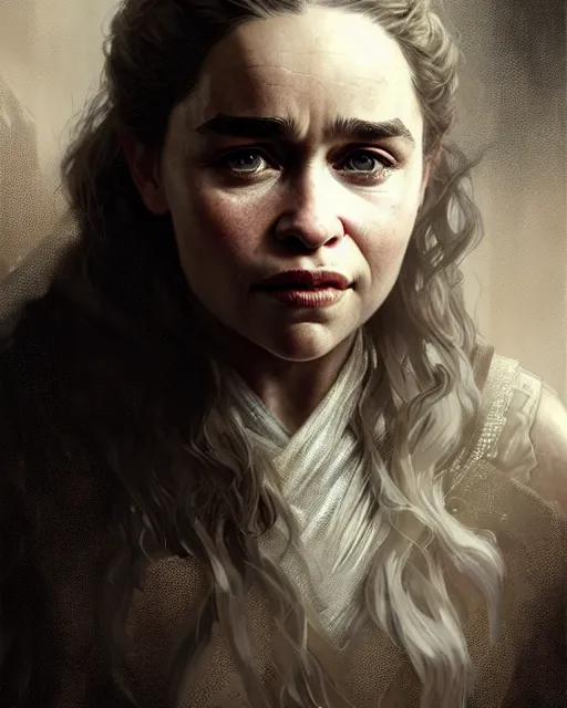 Prompt: emilia clarke, character portrait, portrait, close up, concept art, intricate details, highly detailed by greg rutkowski, michael whelan and gustave dore