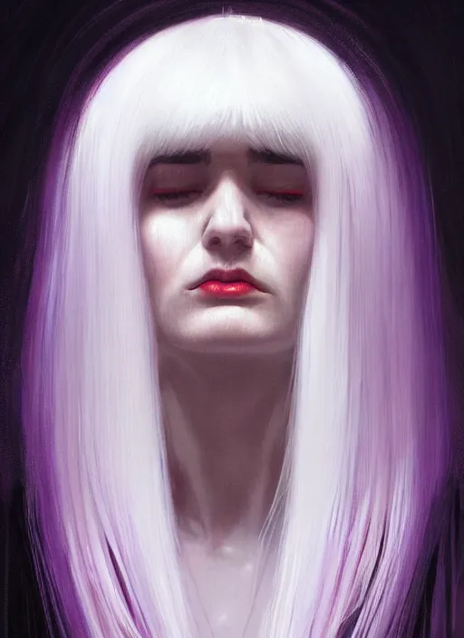 Prompt: hair whitebangs hair, black hair, whitebangs, portrait of trump with white bangs, red irises, purple clothes, white bangs, bangs are different color from hair, intricate, elegant, glowing lights, highly detailed, digital painting, artstation, concept art, smooth, sharp focus, illustration, art by wlop, mars ravelo and greg rutkowski