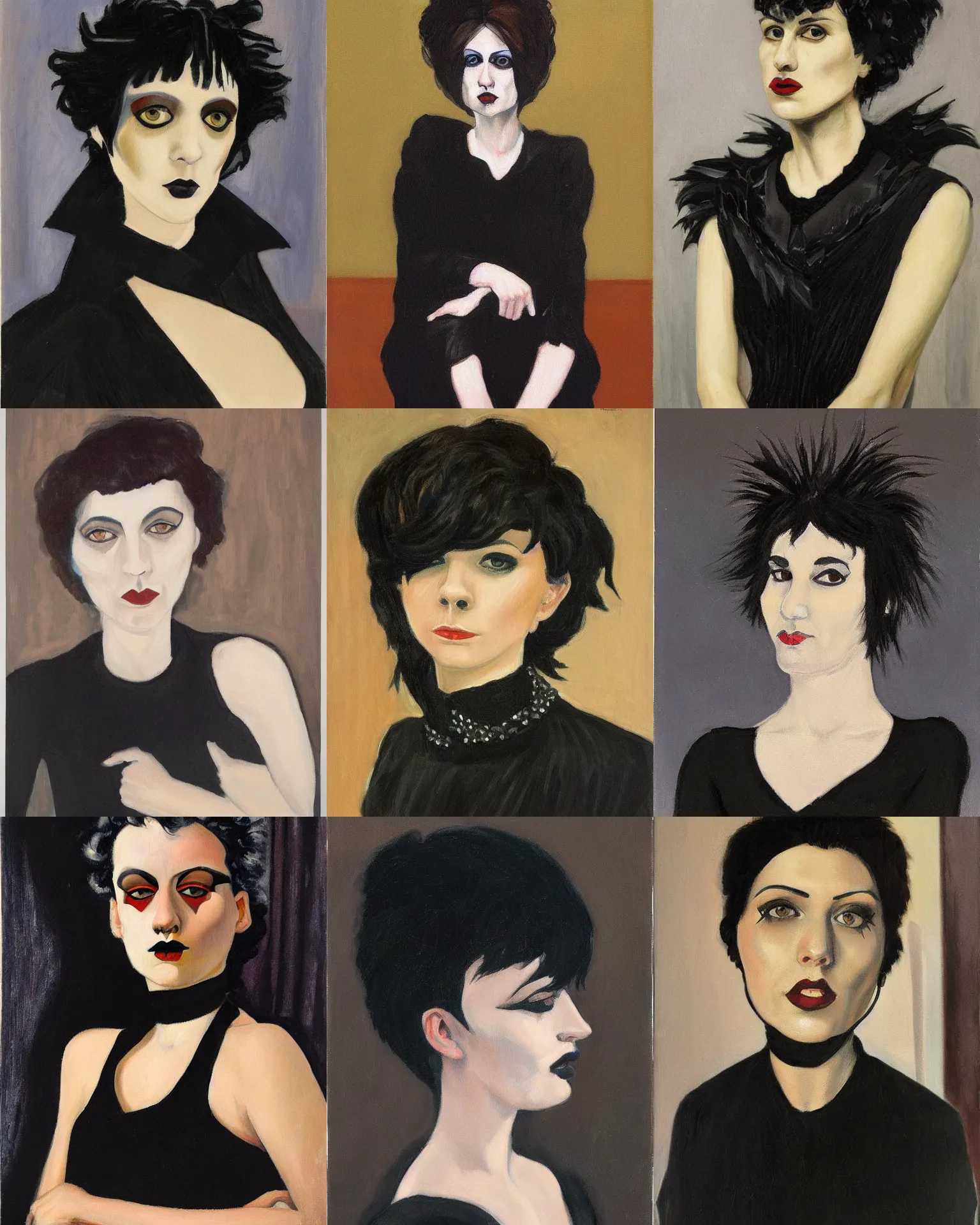 Prompt: A goth portrait painted by Giacomo Balla. Her hair is dark brown and cut into a short, messy pixie cut. She has a slightly rounded face, with a pointed chin, large entirely-black eyes, and a small nose. She is wearing a black tank top, a black leather jacket, a black knee-length skirt, a black choker, and black leather boots.